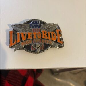 Live to Ride Men's Belt Buckle - Orange and Silver